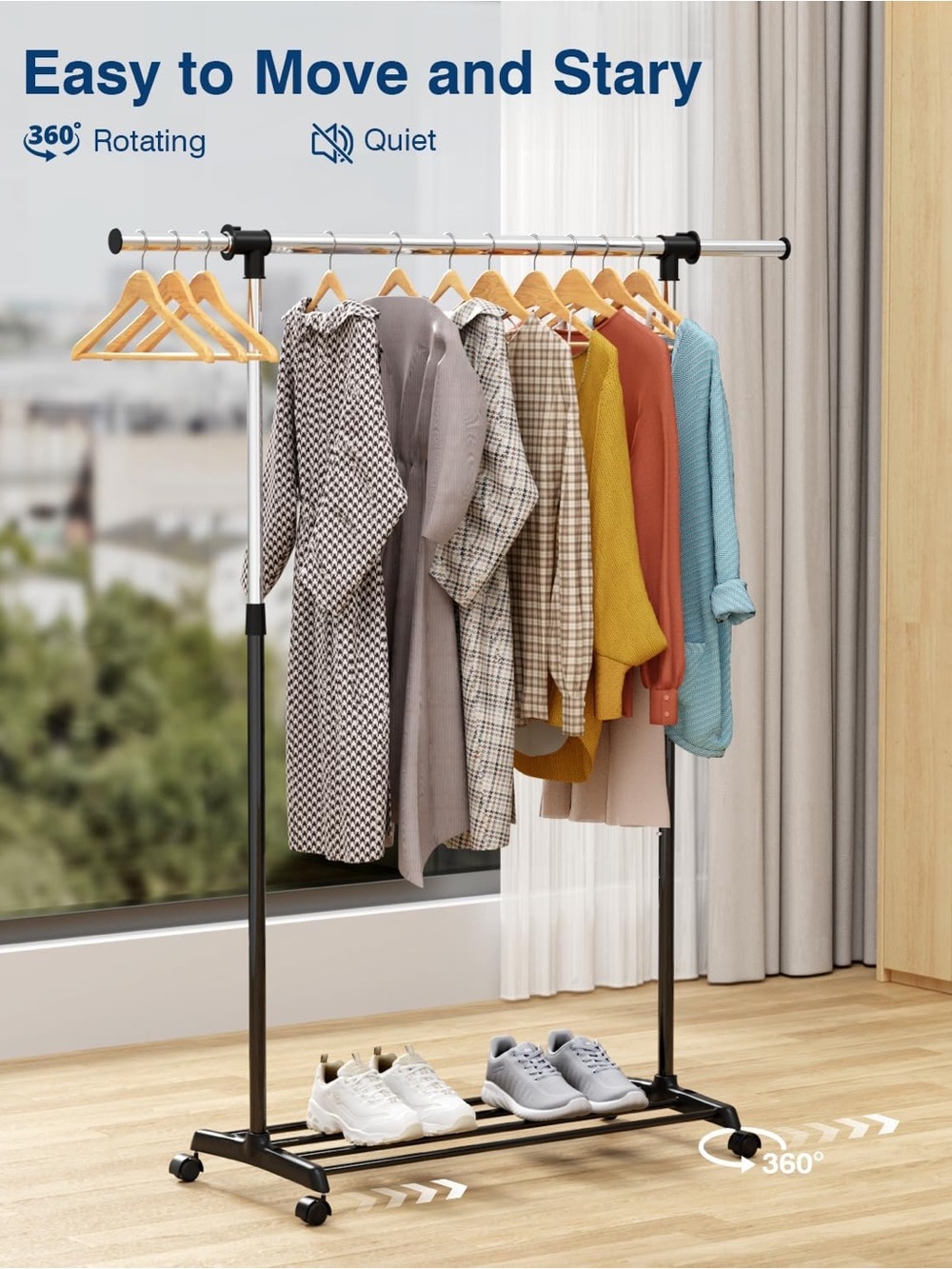 Adjustable Black and Silver Garment Rack with Shoe Shelf